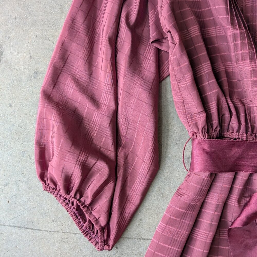 Vintage Union Made Purple Ruffle Long Sleeve Fit and Flare Tie Waist Shirt Dress - Picture 4 of 11